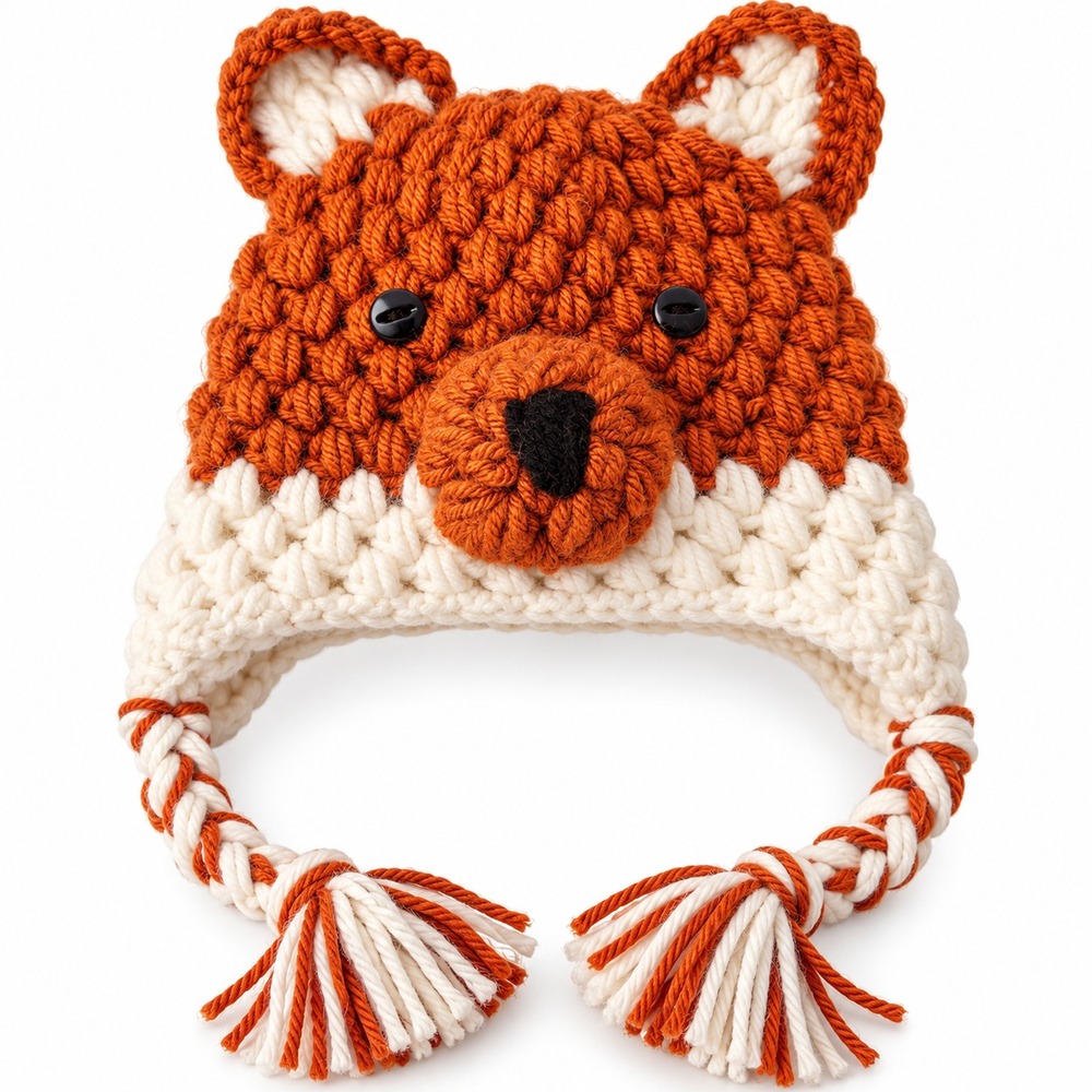 Handmade Fox Trapper Hat Kids Small Orange White Crochet Knit Animal Beanie
